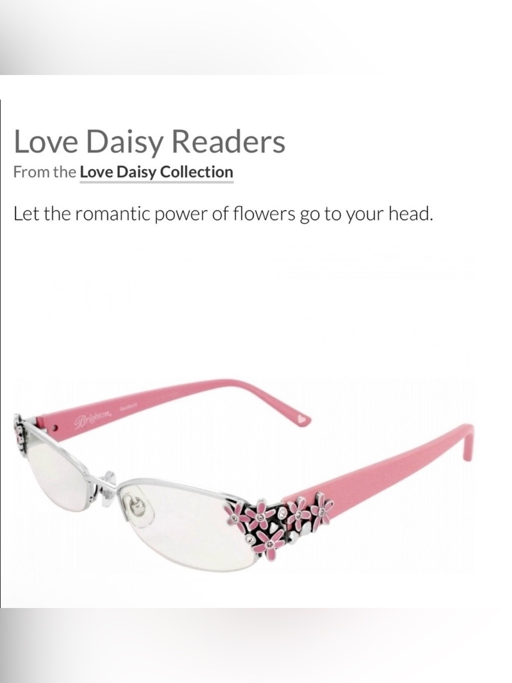 Brighton Pink Love Daisy Rimless Reading Glasses strength 2.0